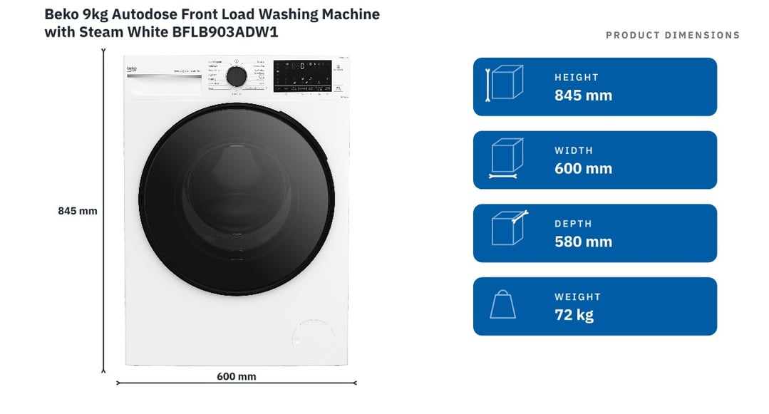 Beko 9kg Autodose Front Load Washing Machine with Steam White BFLB903ADW1 — product dimensions