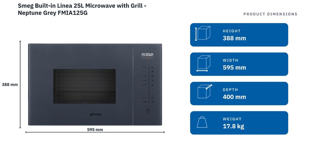Smeg Built-in Linea 25L Microwave with Grill - Neptune Grey FMIA125G — product dimensions