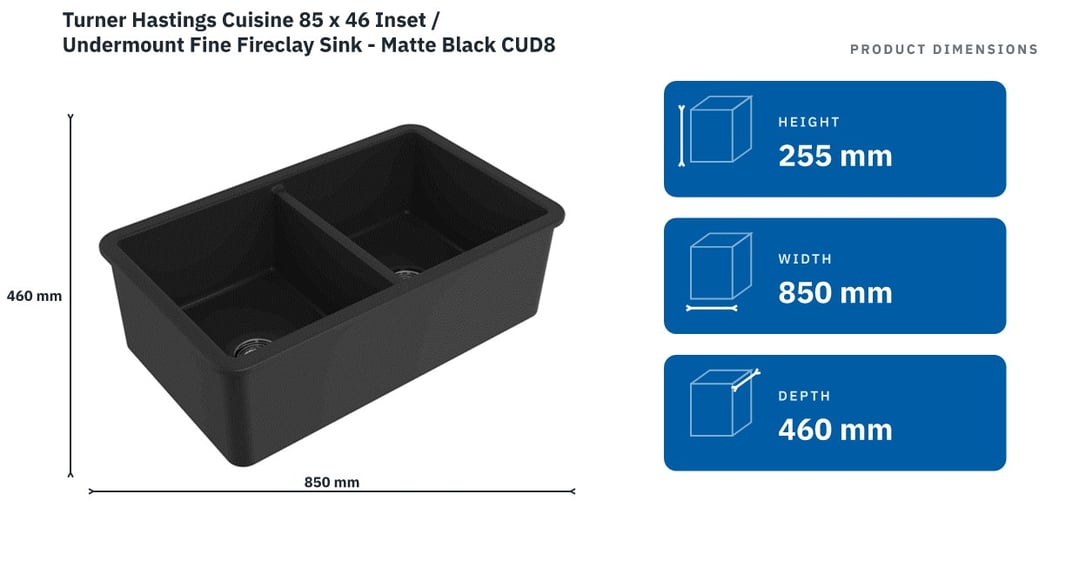 Turner Hastings Cuisine 85 x 46 Inset / Undermount Fine Fireclay Sink - Matte Black CUD85FS-MB — product dimensions