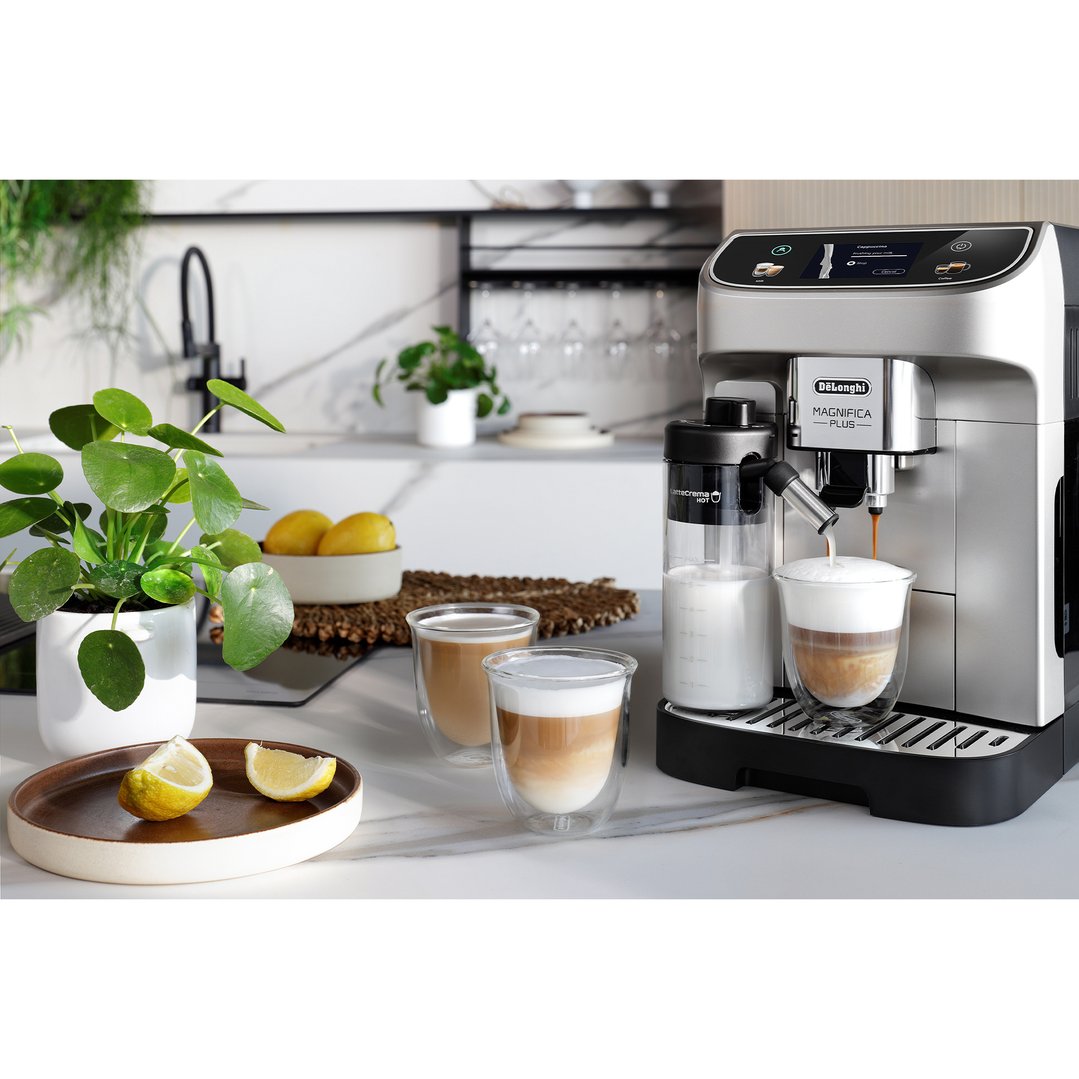Magnifica Plus Fully Automatic Coffee Machine making coffee in a kitchen setting