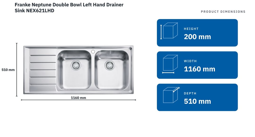 Franke Neptune Double Bowl Left Hand Drainer Sink NEX621LHD — product dimensions