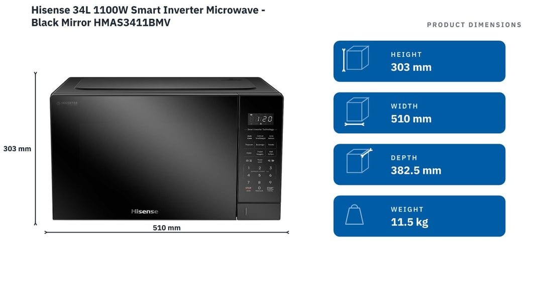 Hisense 34L 1100W Smart Inverter Microwave - Black Mirror HMAS3411BMV — product dimensions