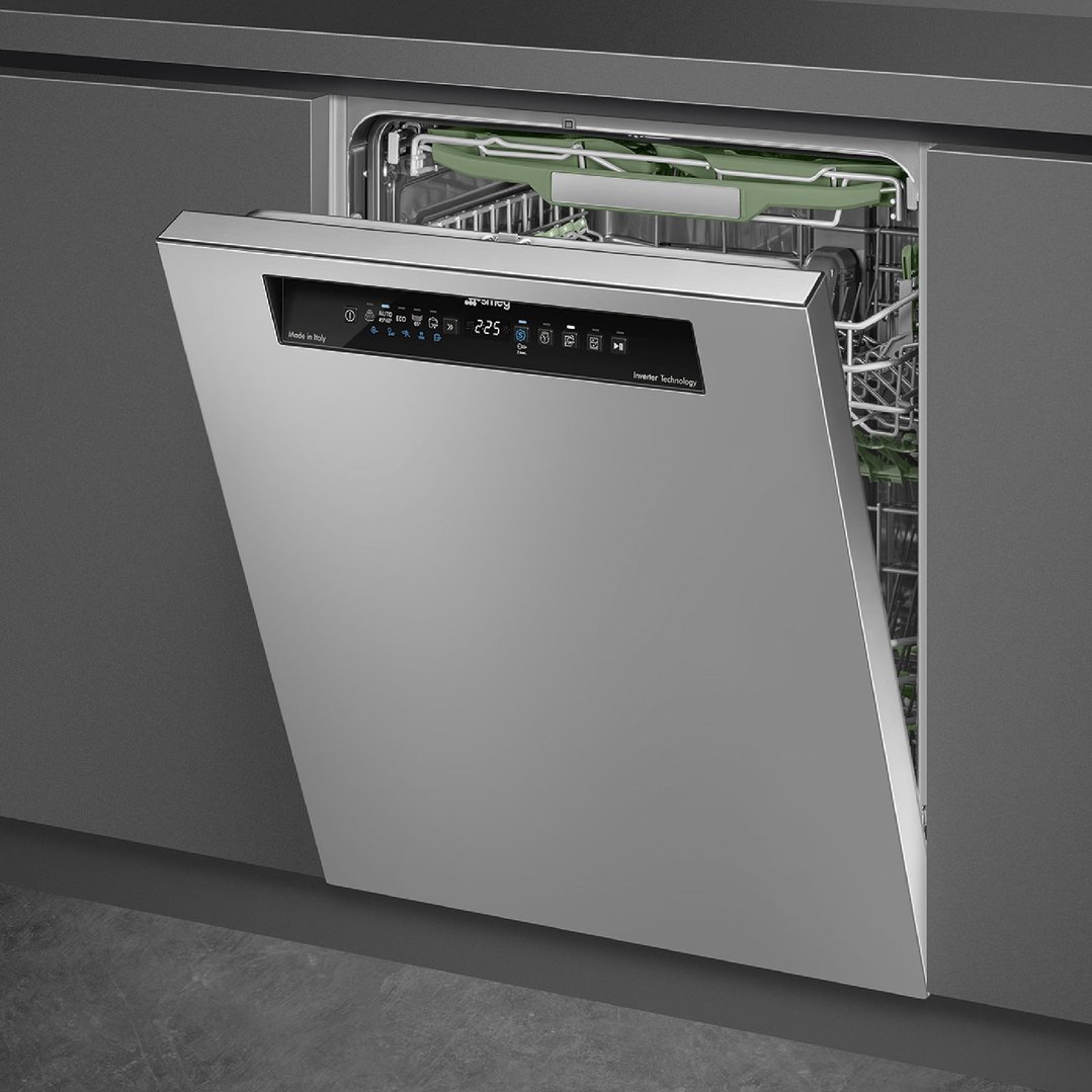 Stainless steel dishwasher with its door ajar in a modern kitchen setting