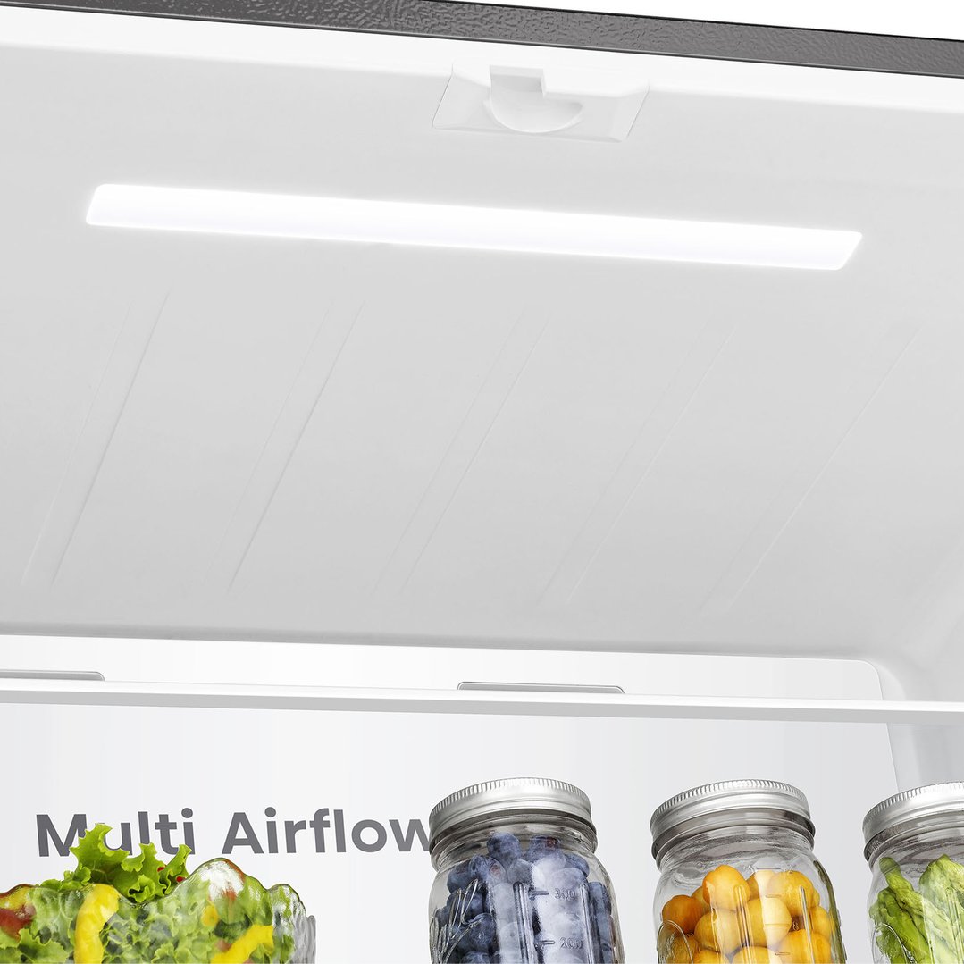 Interior of a fridge with jars of food and "Multi Airflow" text visible