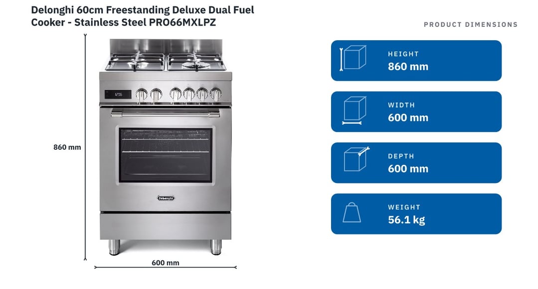 Delonghi 60cm Freestanding Deluxe Dual Fuel Cooker - Stainless Steel PRO66MXLPZ