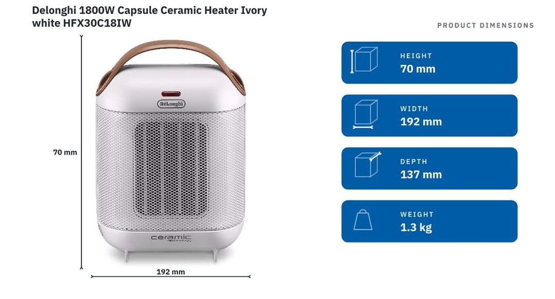 Delonghi 1800W Capsule Ceramic Heater Ivory white HFX30C18IW — product dimensions