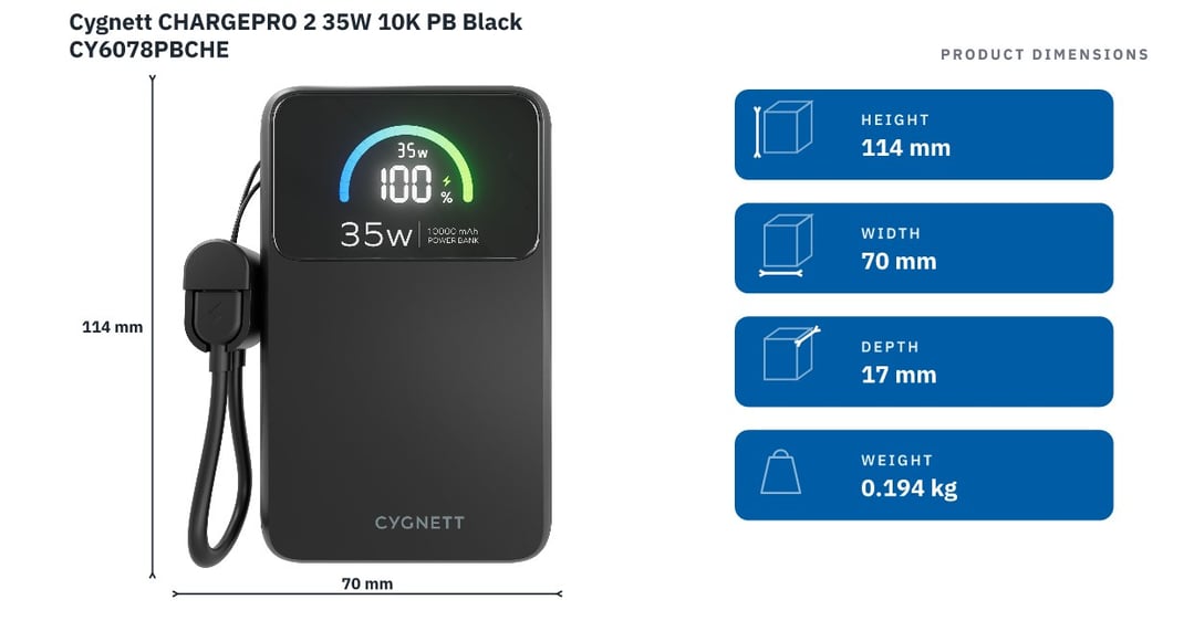 Cygnett CHARGEPRO 2 35W 10K PB Black CY6078PBCHE — product dimensions