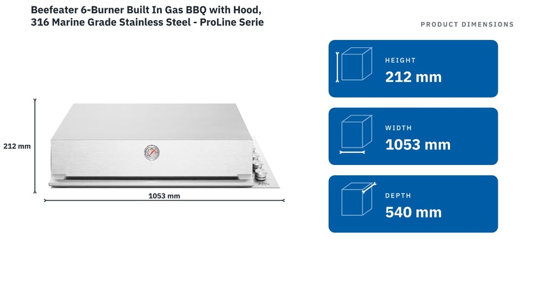Beefeater 6-Burner Built In Gas BBQ with Hood, 316 Marine Grade Stainless Steel - ProLine Series BSH158SB