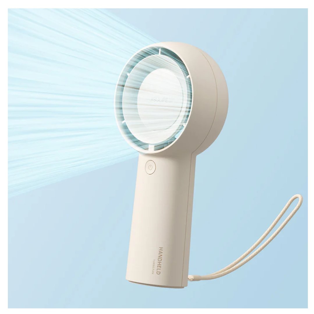 A beige handheld fan blowing air, on a light blue background