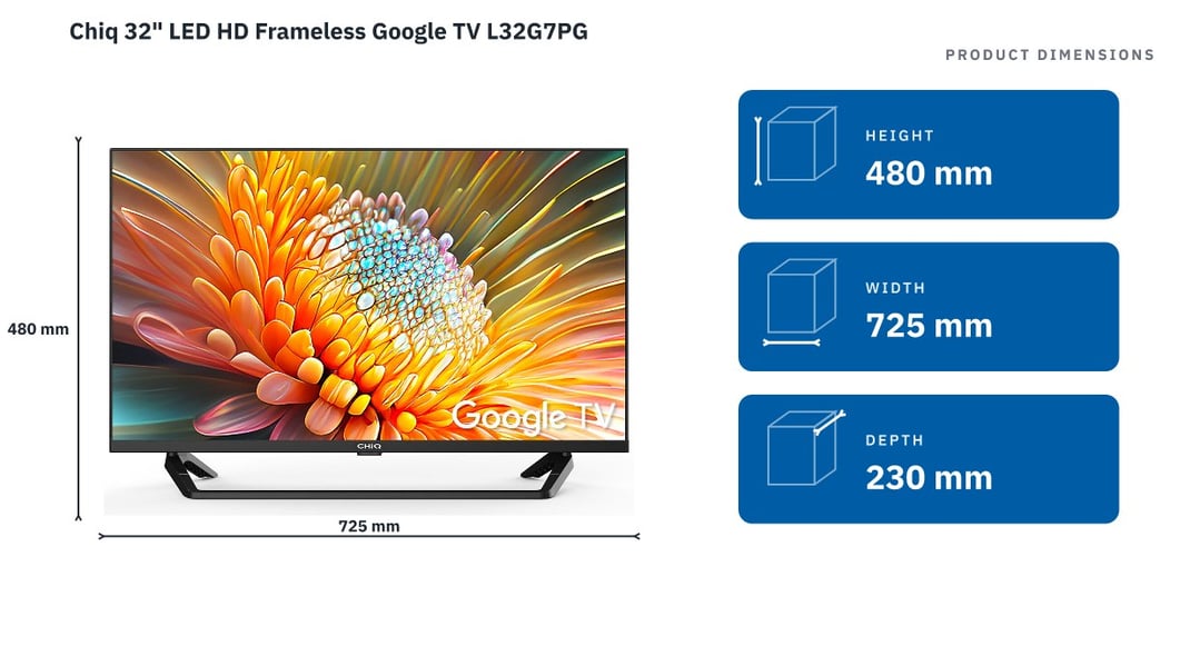 Chiq 32" LED HD Frameless Google TV L32G7PG — product dimensions