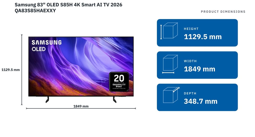 Samsung 83" OLED S85H 4K Smart AI TV 2026 QA83S85HAEXXY — product dimensions