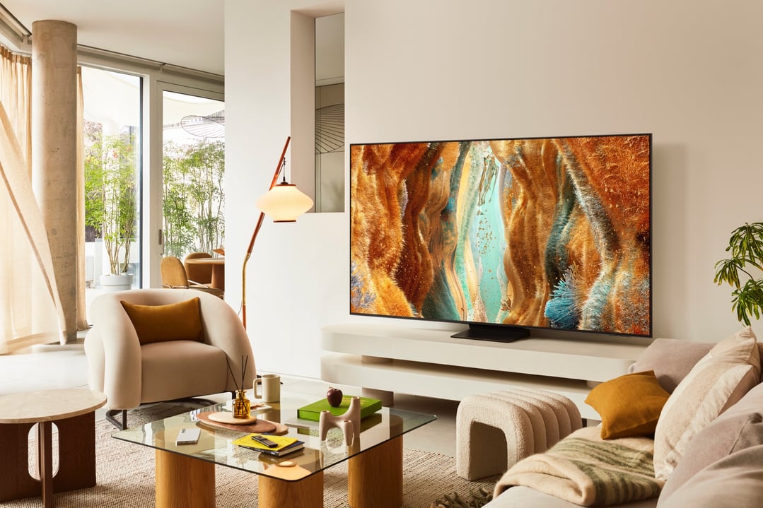 75 inch QN70F NeoQLED 4K MiniLED Smart AI TV in a living room