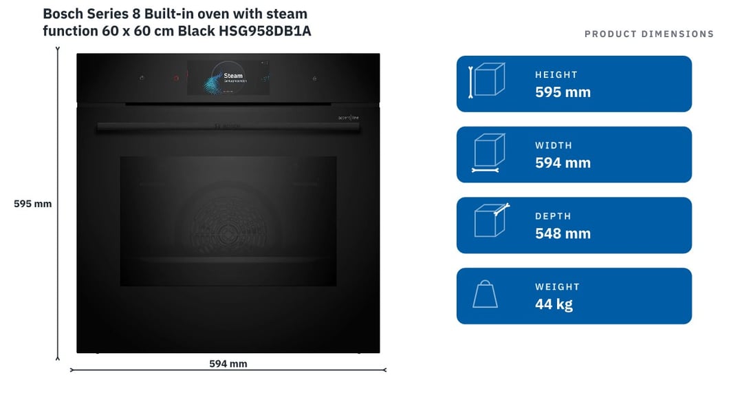 Bosch Series 8 Built-in oven with steam function 60 x 60 cm Black HSG958DB1A — product dimensions