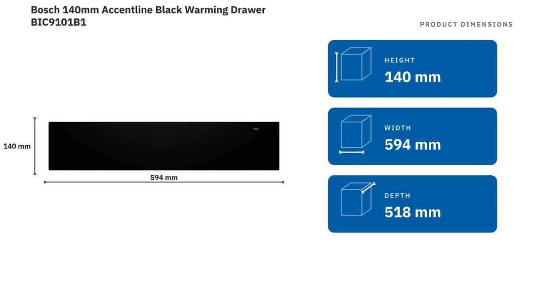 Bosch 140mm Accentline Black Warming Drawer BIC9101B1 — product dimensions