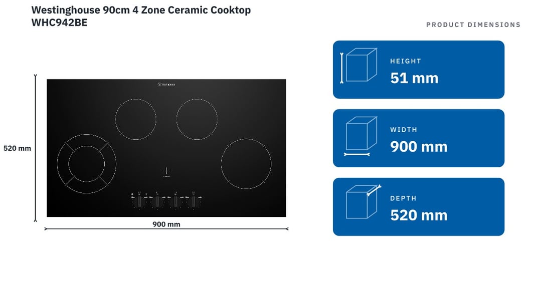 Westinghouse 90cm 4 Zone Ceramic Cooktop WHC942BE — product dimensions