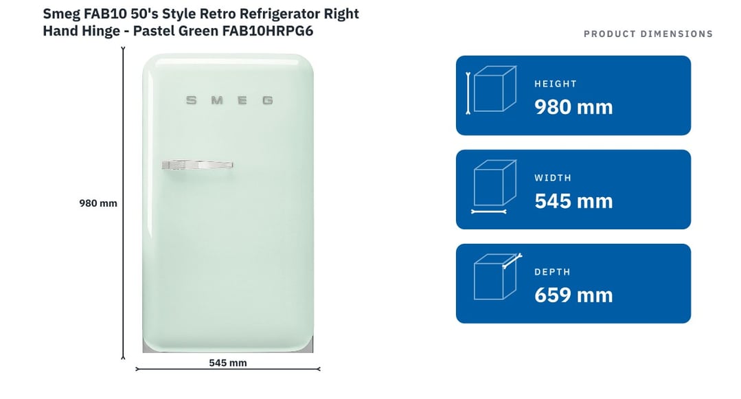 Smeg FAB10 50's Style Retro Refrigerator Right Hand Hinge - Pastel Green FAB10HRPG6