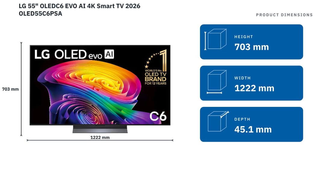 LG 55" OLEDC6 EVO AI 4K Smart TV 2026 OLED55C6PSA — product dimensions