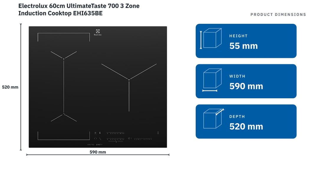 Electrolux 60cm UltimateTaste 700 3 Zone Induction Cooktop EHI635BE — product dimensions