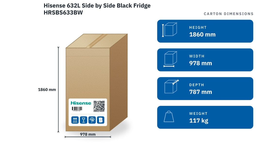 Hisense 632L Side by Side Black Fridge HRSBS633BW — packaged dimensions