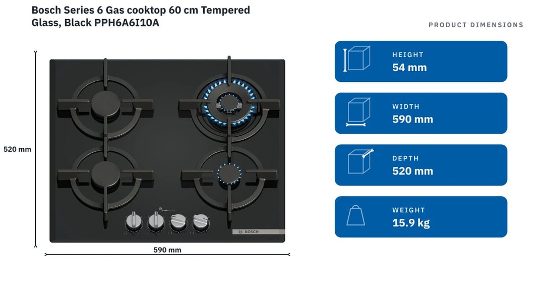 Bosch Series 6 Gas cooktop 60 cm Tempered Glass, Black PPH6A6I10A