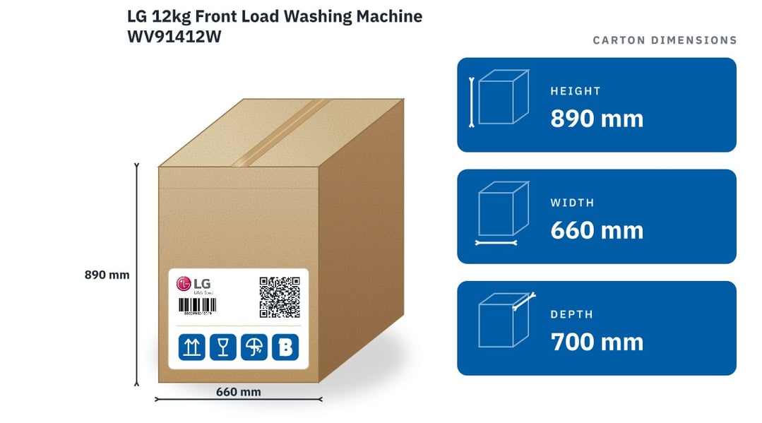 LG 12kg Front Load Washing Machine WV91412W — packaged dimensions