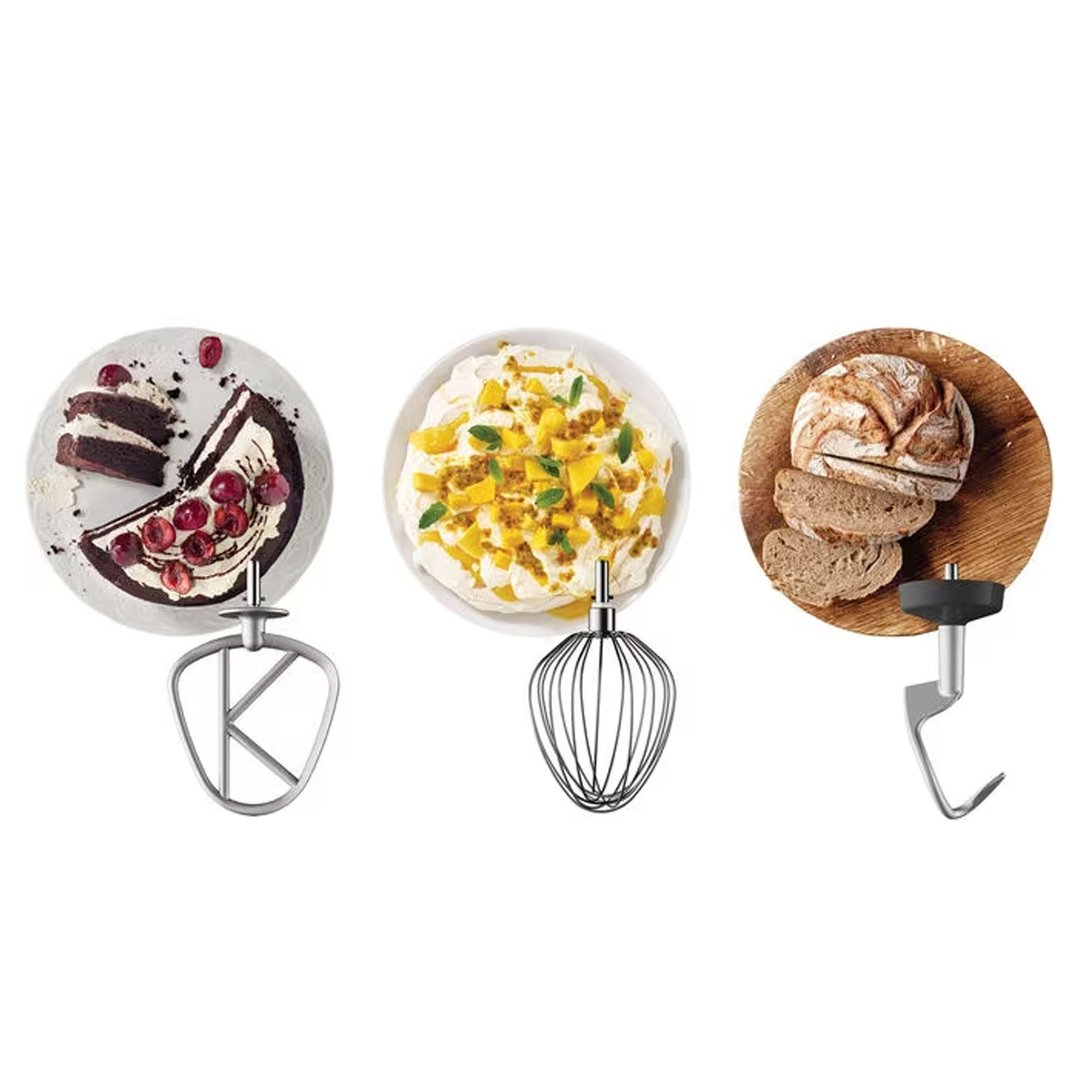 Three mixer attachments with corresponding food items on white background