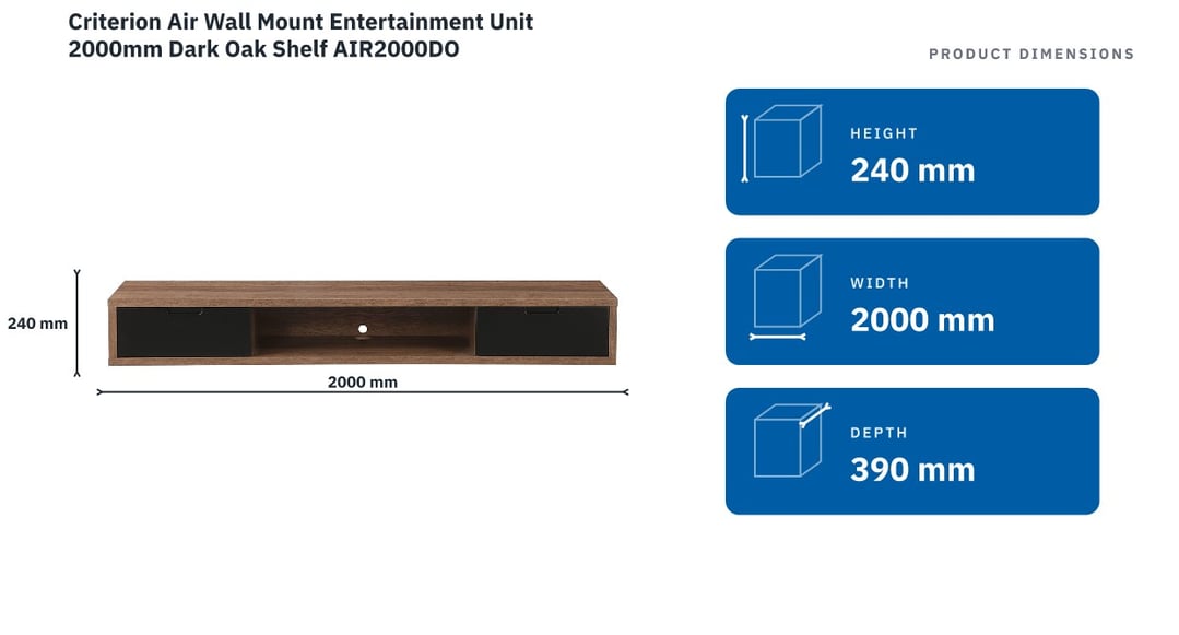 Criterion Air Wall Mount Entertainment Unit 2000mm Dark Oak Shelf AIR2000DO — product dimensions