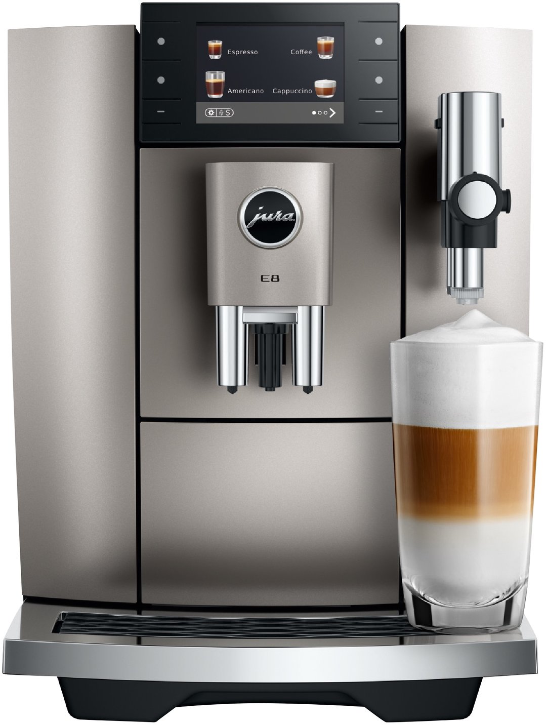 JURA E8 Midnight Silver coffee machine dispensing a latte macchiato into a glass