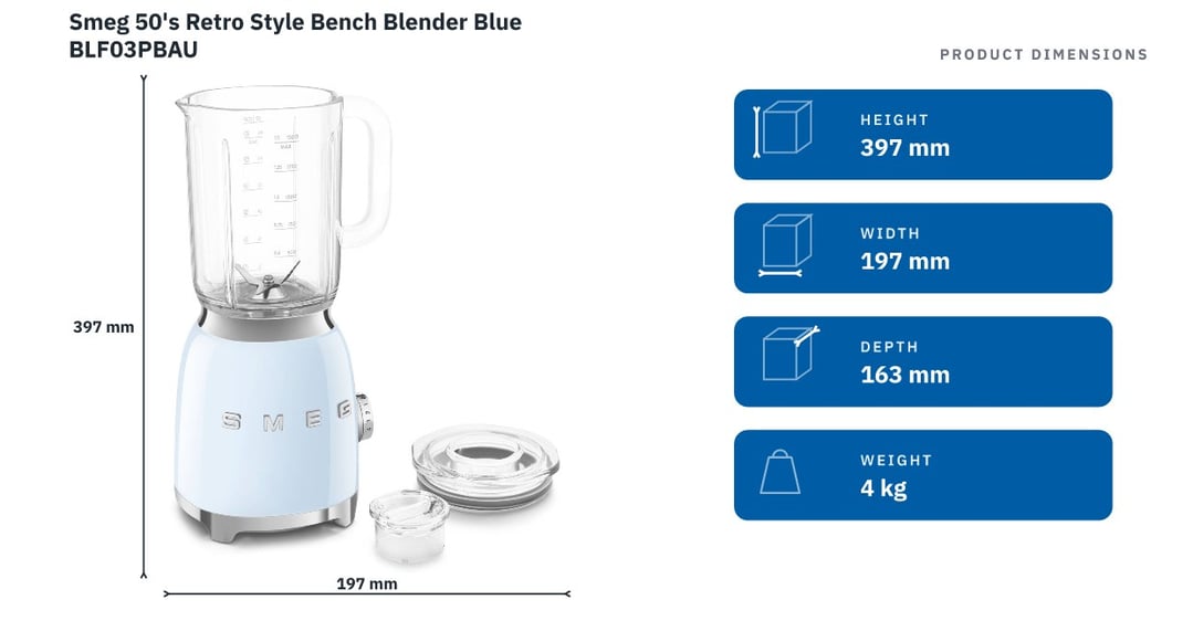 Smeg 50's Retro Style Bench Blender Blue BLF03PBAU — product dimensions
