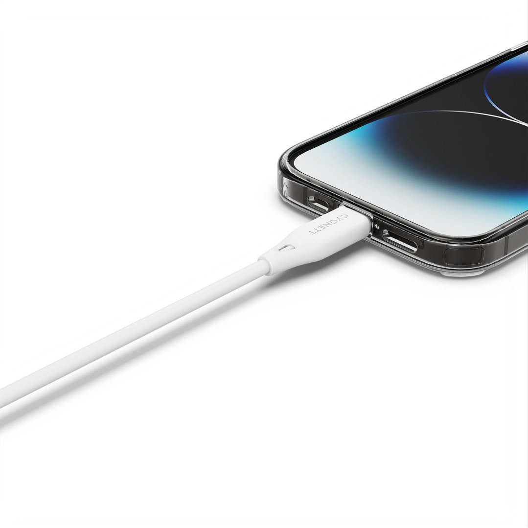 White Lightning to USB-A cable plugged into a smartphone in a clear case