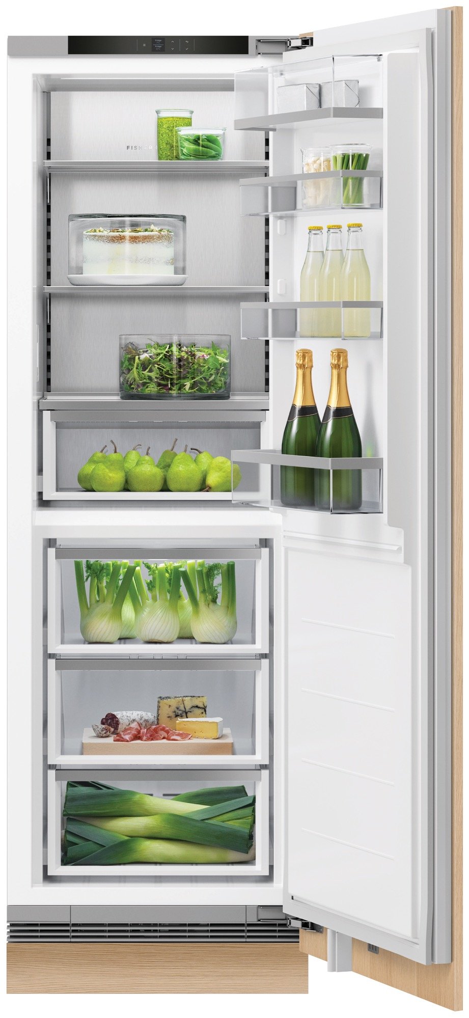 Open integrated dual zone refrigerator with food and drinks on shelves and in drawers