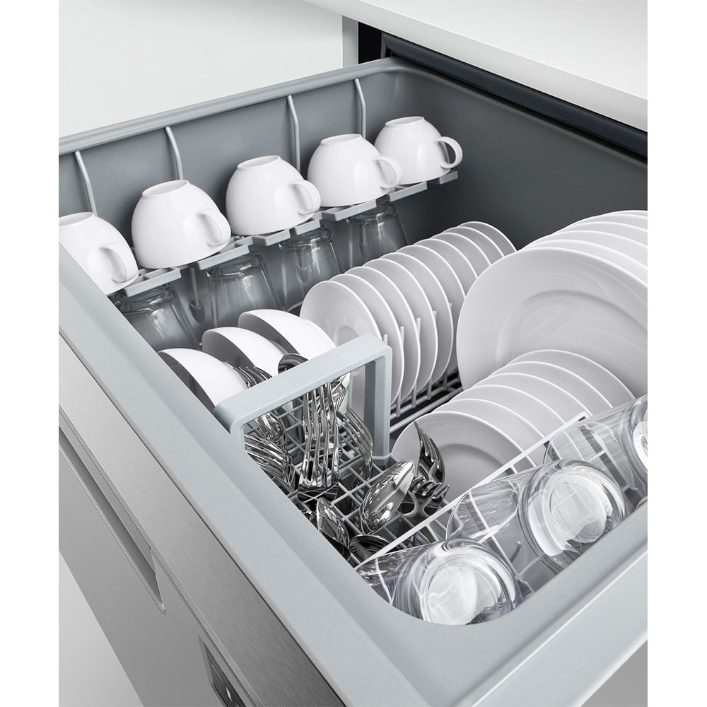 Close up of a dishwasher drawer filled with white dishes and glasses