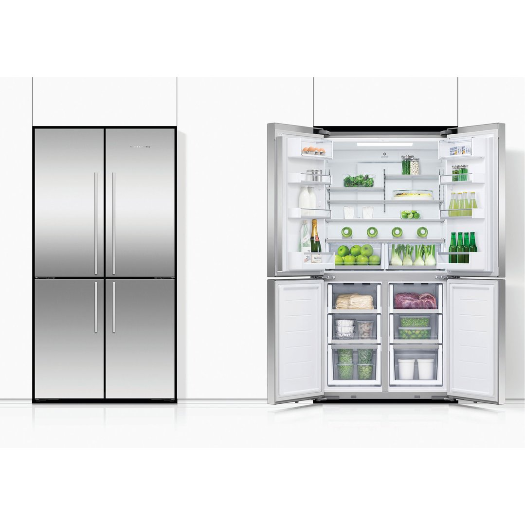 Two Fisher & Paykel Quad Door Refrigerator Freezers, one closed and one open