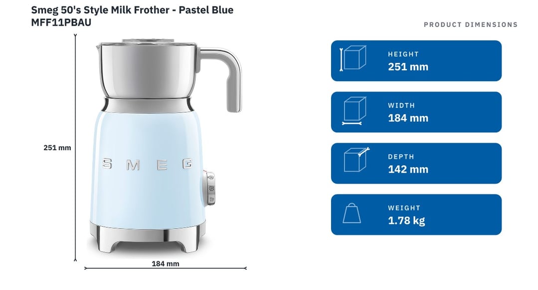 Smeg 50's Style Milk Frother - Pastel Blue MFF11PBAU — product dimensions