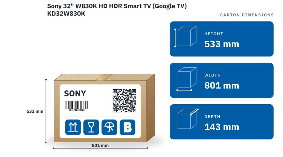 Sony 32" W830K HD HDR Smart TV (Google TV) KD32W830K — packaged dimensions