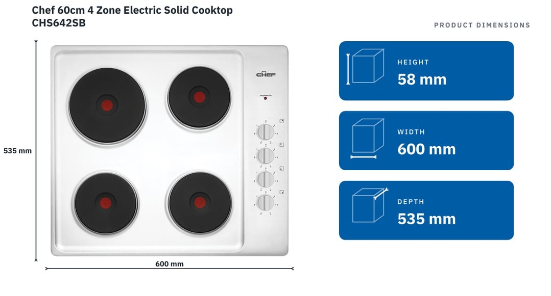 Chef 60cm 4 Zone Electric Solid Cooktop CHS642SB — product dimensions