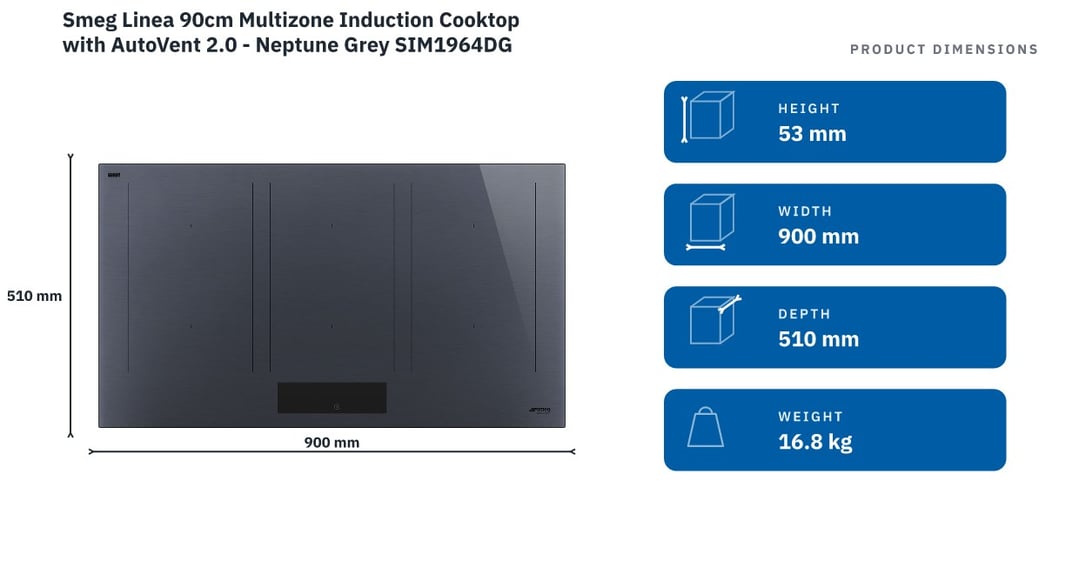 Smeg Linea 90cm Multizone Induction Cooktop with AutoVent 2.0 - Neptune Grey SIM1964DG — product dimensions