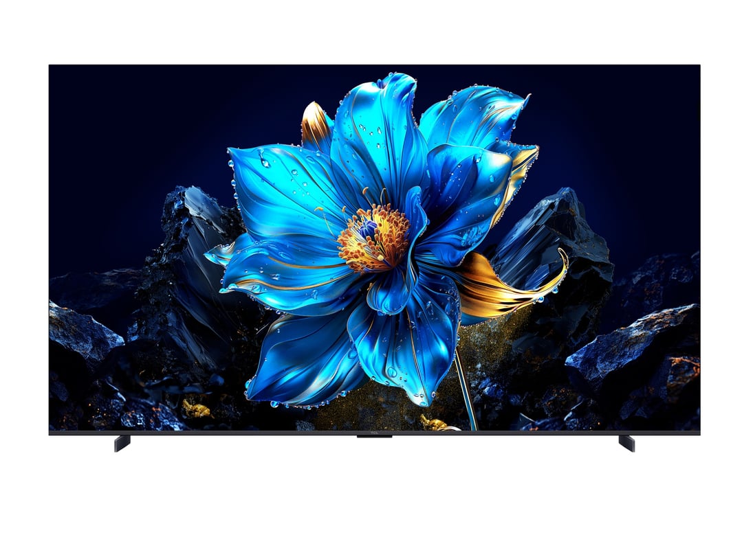 TCL tv on a stand displaying a vibrant blue and gold flower image
