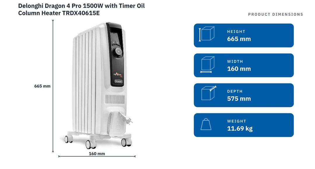 Delonghi Dragon 4 Pro 1500W with Timer Oil Column Heater TRDX40615E — product dimensions