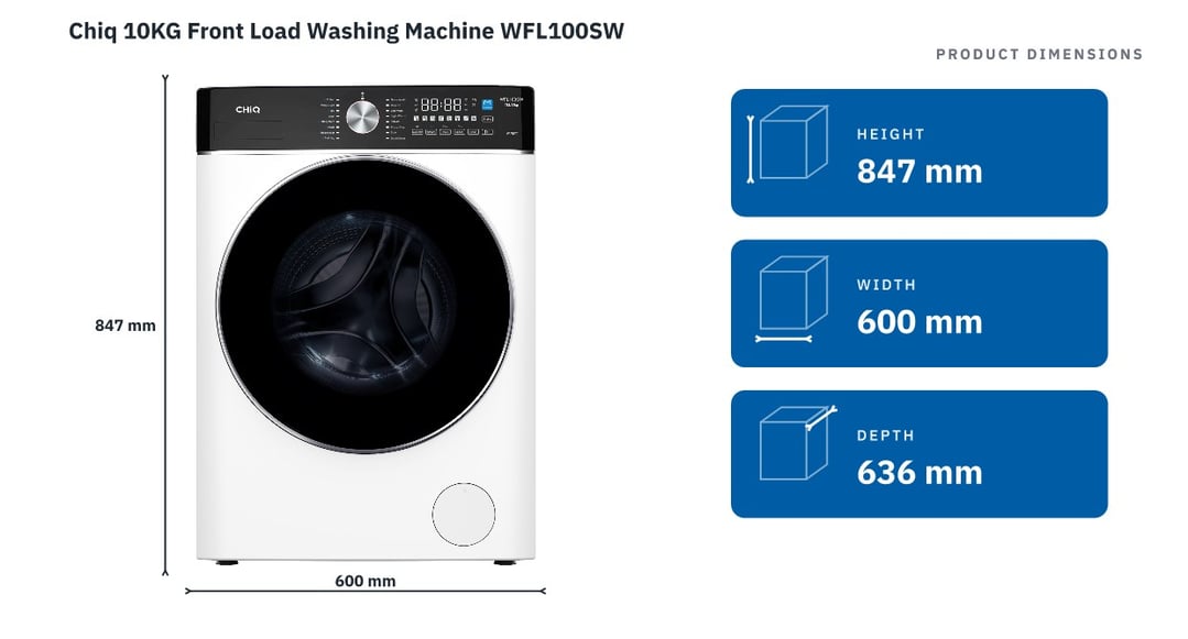 Chiq 10KG Front Load Washing Machine WFL100SW — product dimensions