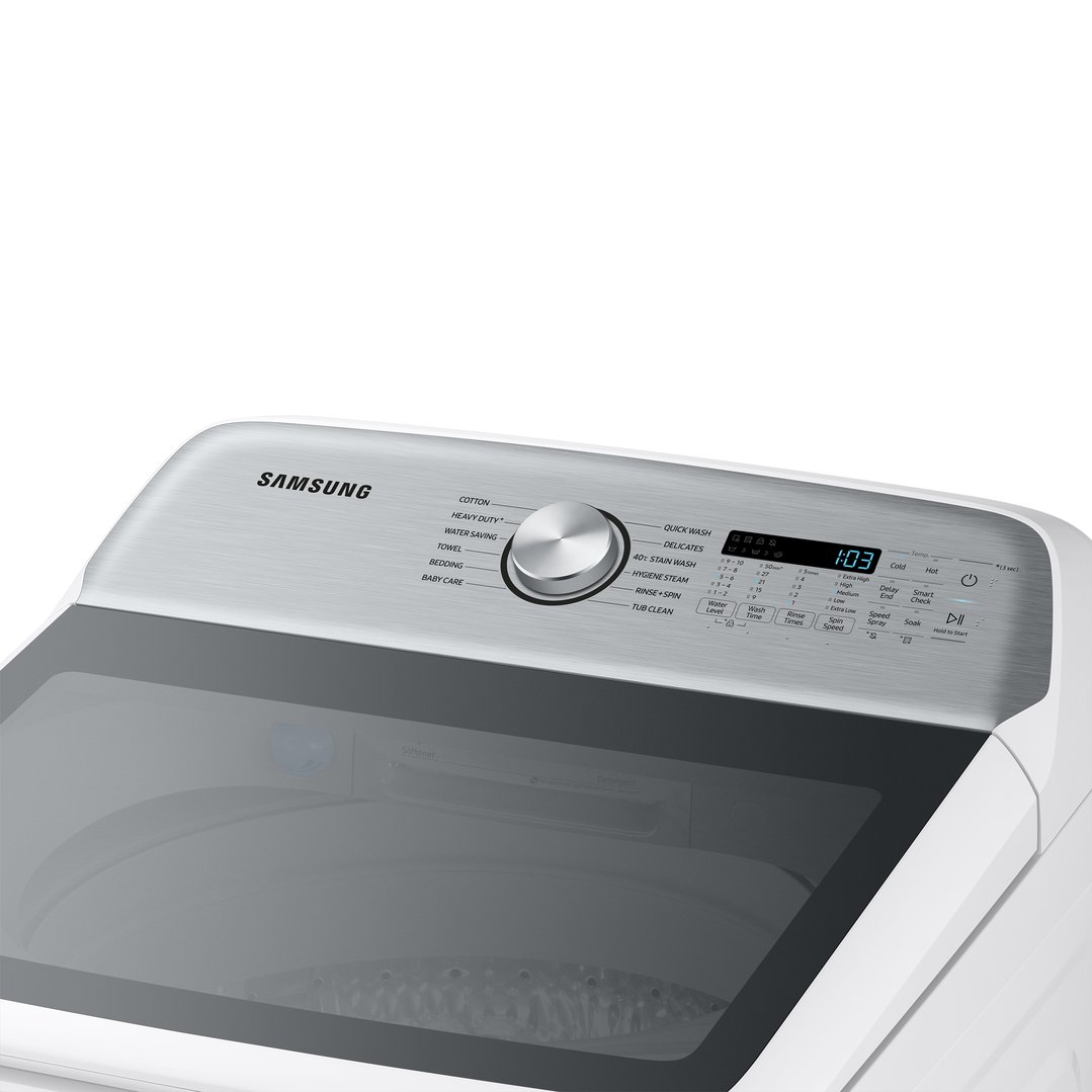 Close-up of the control panel and top of a Samsung washing machine