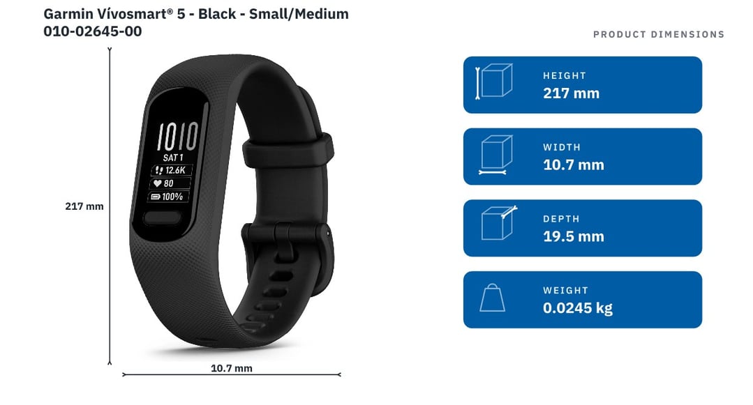 Garmin Vívosmart® 5 - Black - Small/Medium 010-02645-00 — product dimensions