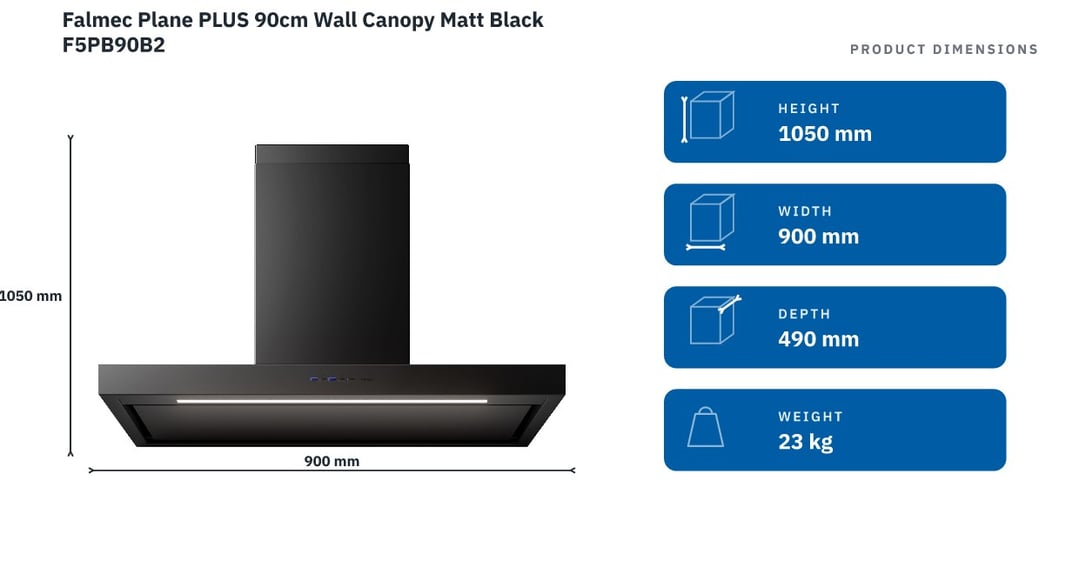 Falmec Plane PLUS 90cm Wall Canopy Matt Black F5PB90B2 — product dimensions