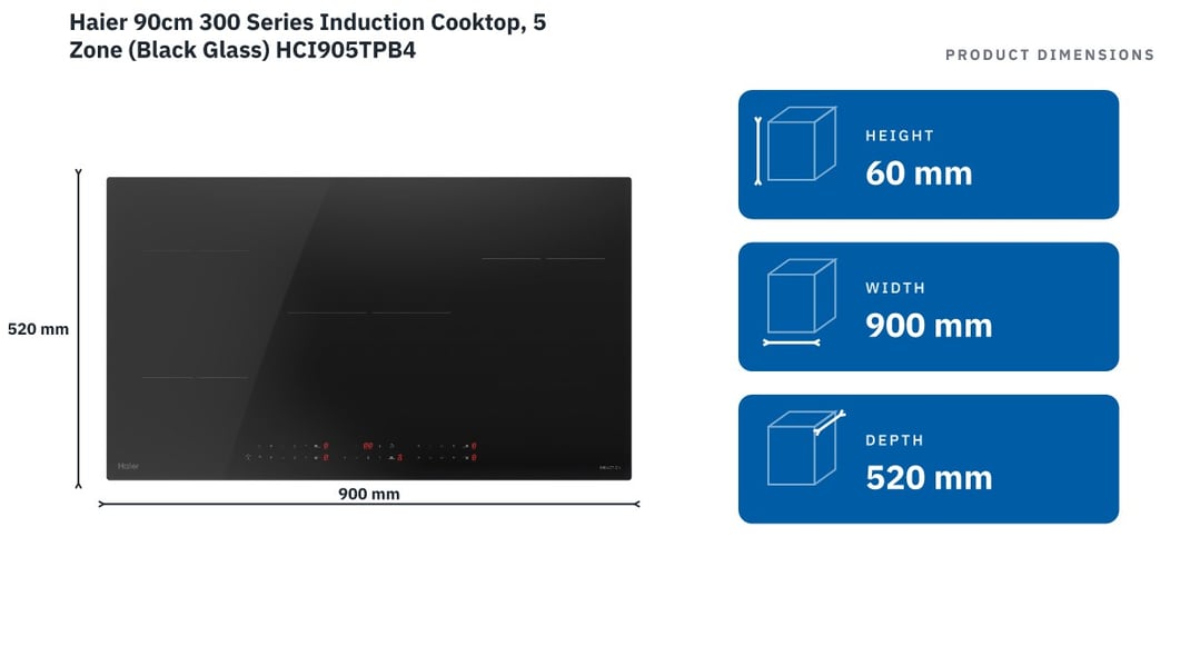 Haier 90cm 300 Series Induction Cooktop, 5 Zone (Black Glass) HCI905TPB4 — product dimensions
