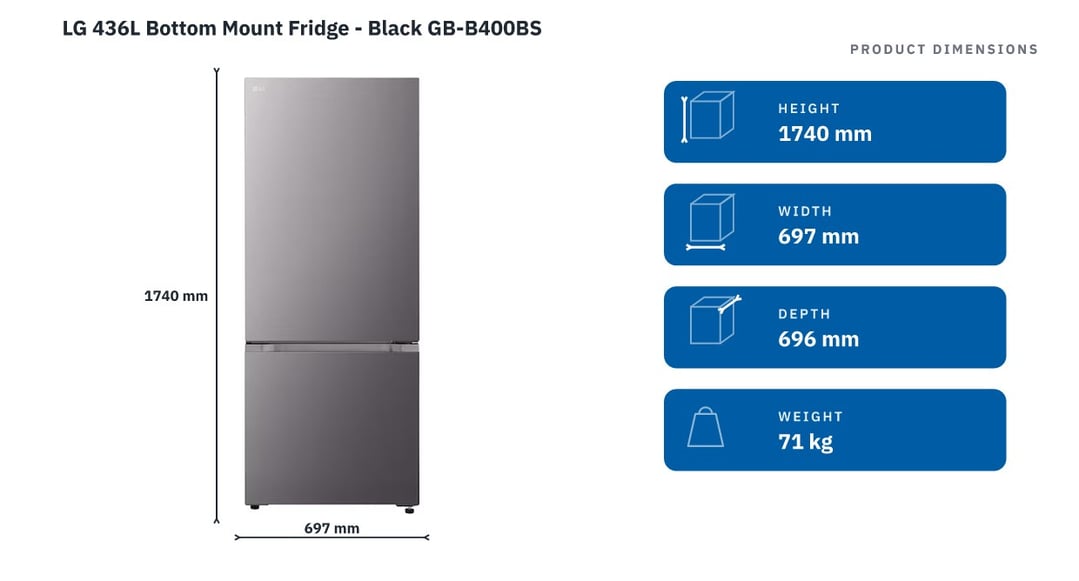 LG 436L Bottom Mount Fridge - Black GB-B400BS — product dimensions