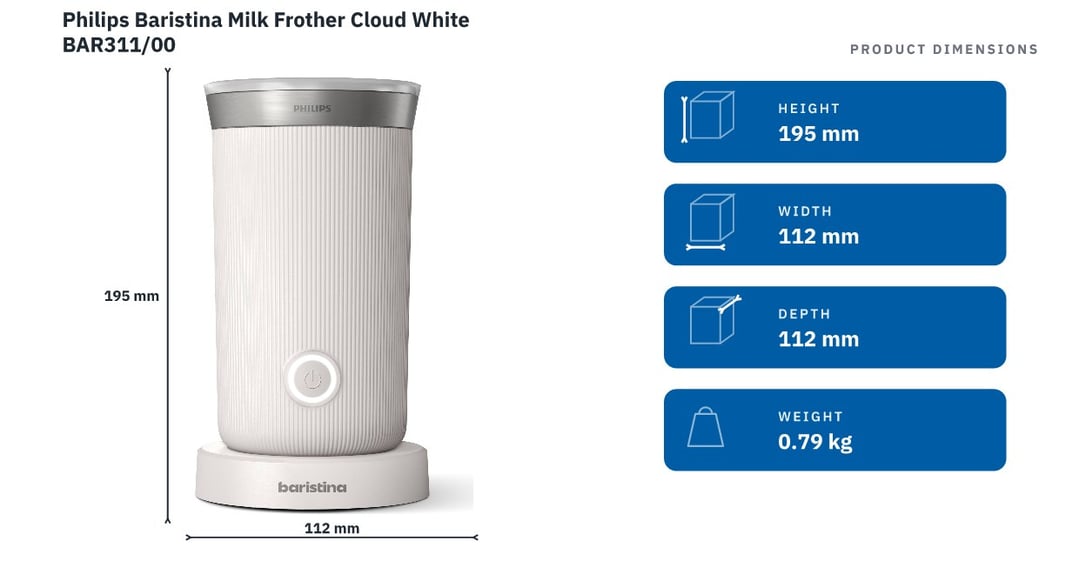Philips Baristina Milk Frother Cloud White BAR311/00 — product dimensions