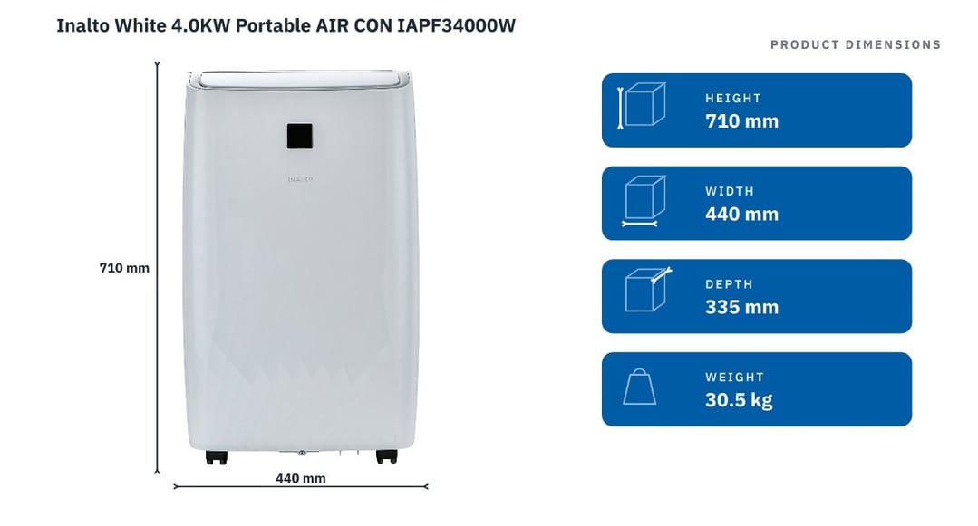 Inalto White 4.0KW Portable AIR CON IAPF34000W — product dimensions