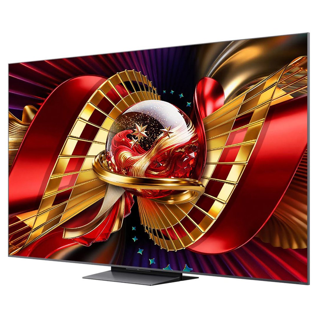 A TCL TV displaying a vibrant abstract image on a stand