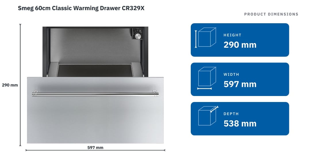 Smeg 60cm Classic Warming Drawer CR329X — product dimensions