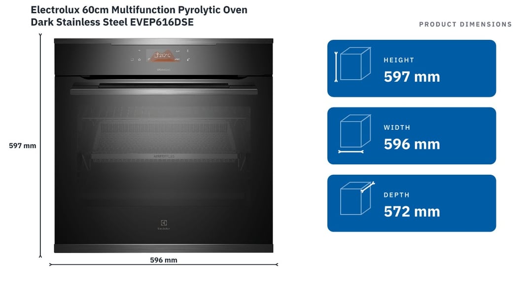 Electrolux 60cm Multifunction Pyrolytic Oven Dark Stainless Steel EVEP616DSE — product dimensions